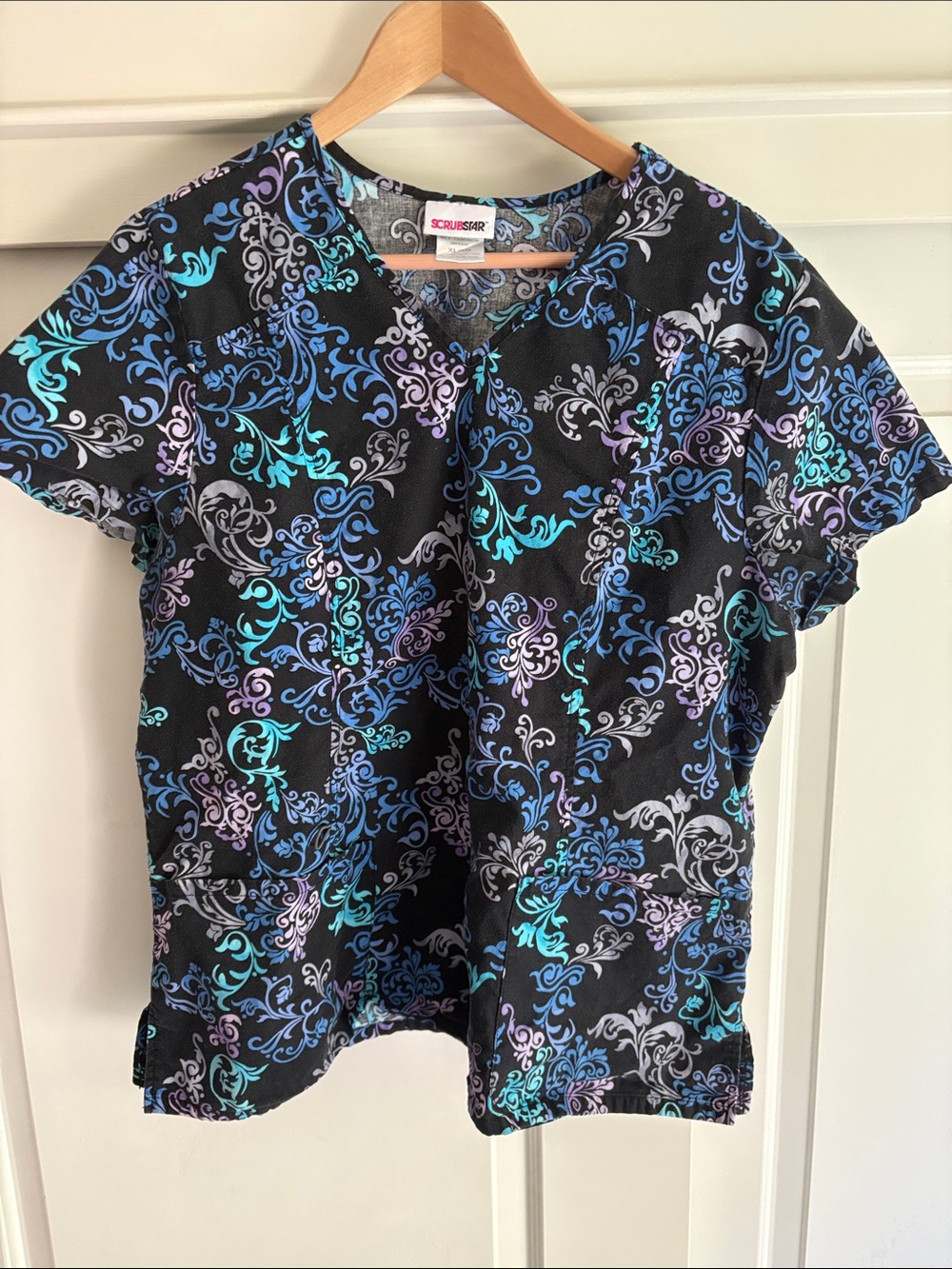 Scrubstar Black V-Neck Scrub Top with Teal, Blue & Purple Scroll Print